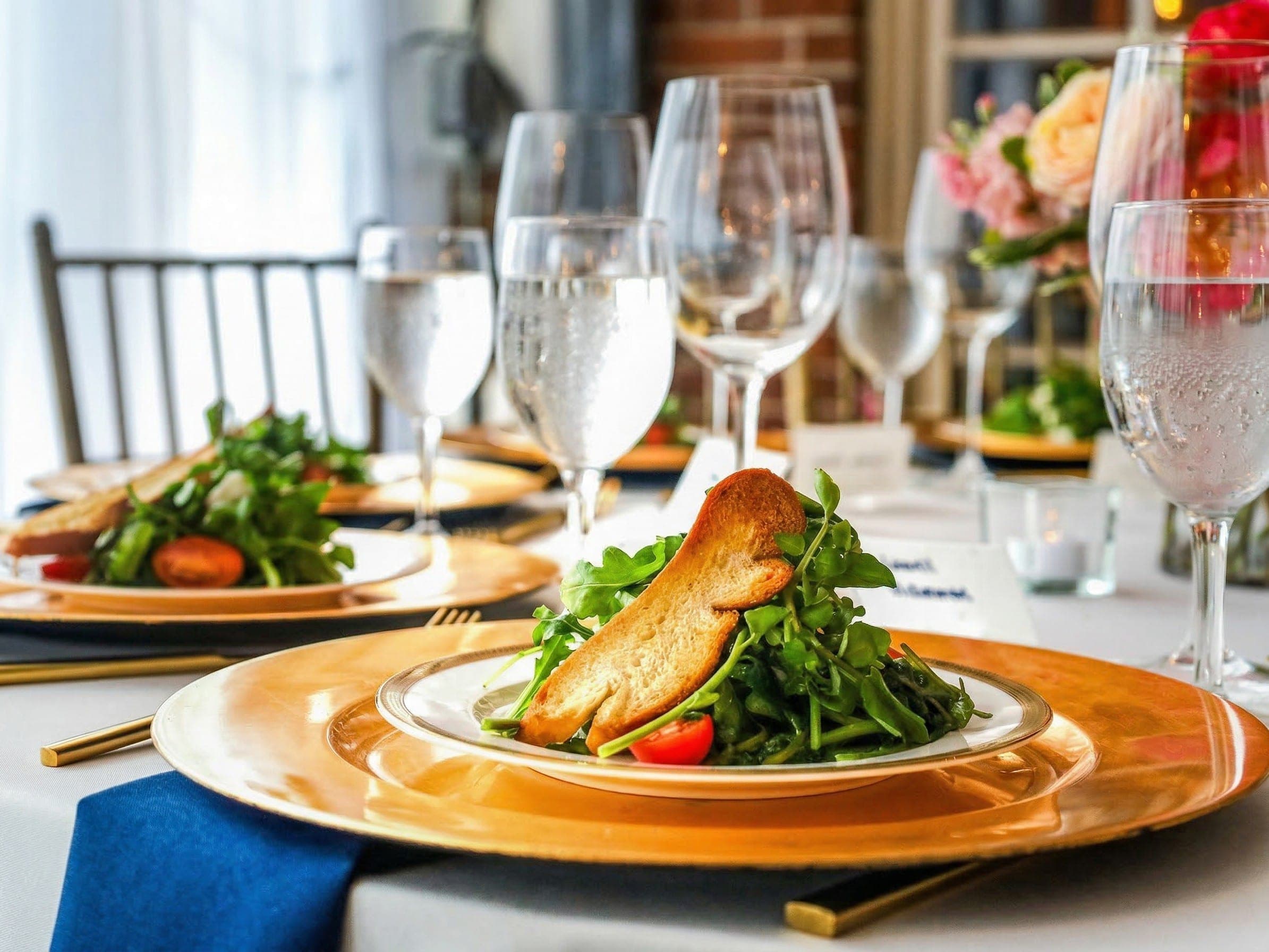 Tardis Catering plated salad with crystal glassware