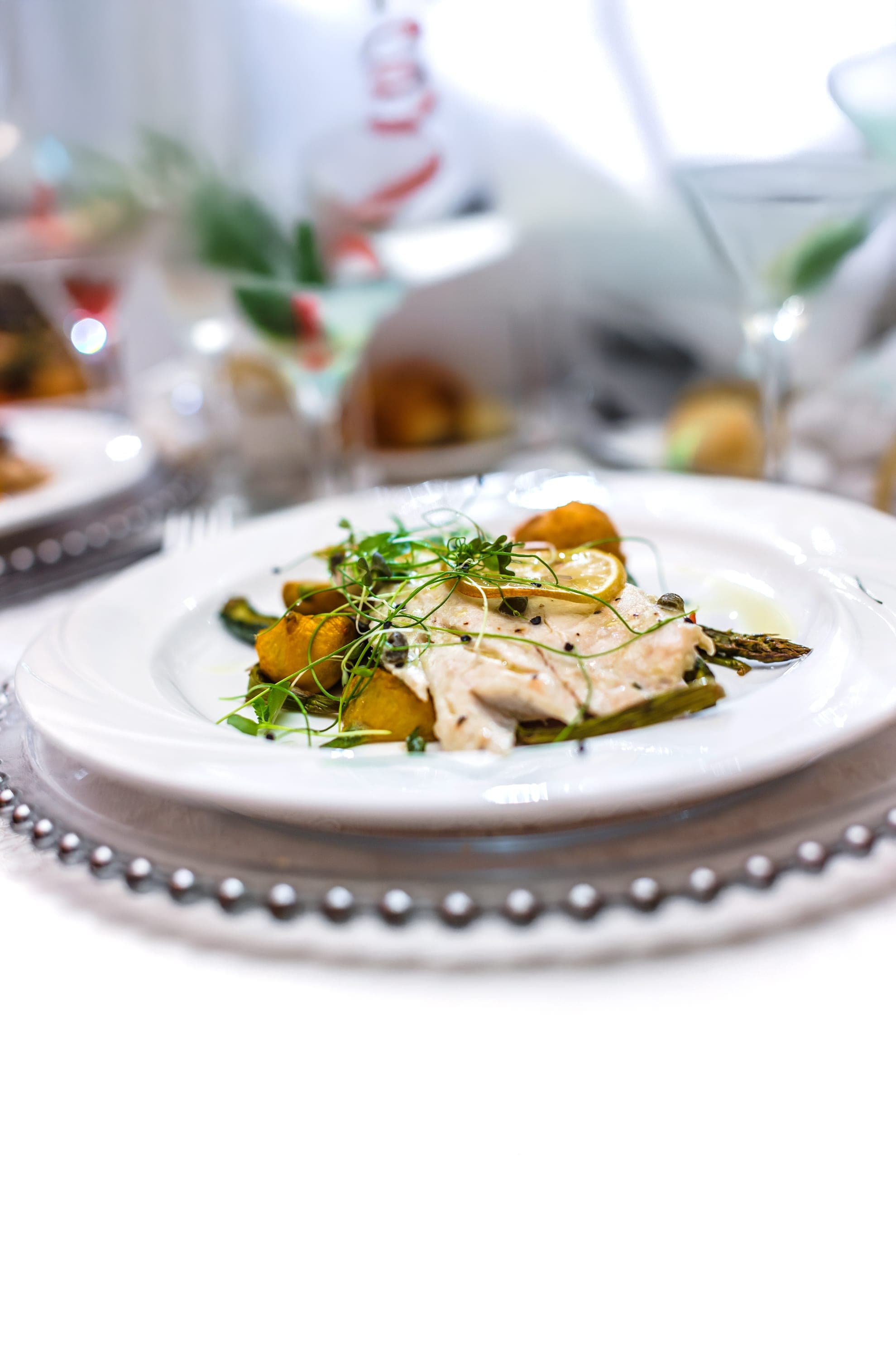 Tardis Catering elegantly plated fish with asparagus