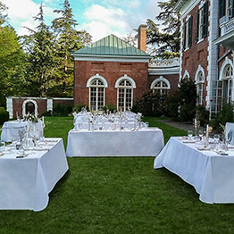 East Terrace set up with short wedding catering tables